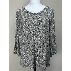 J.Jill Floral 3/4 Sleeve Round Neck Women’s Top Blouse Sz LP Black Yellow Trim